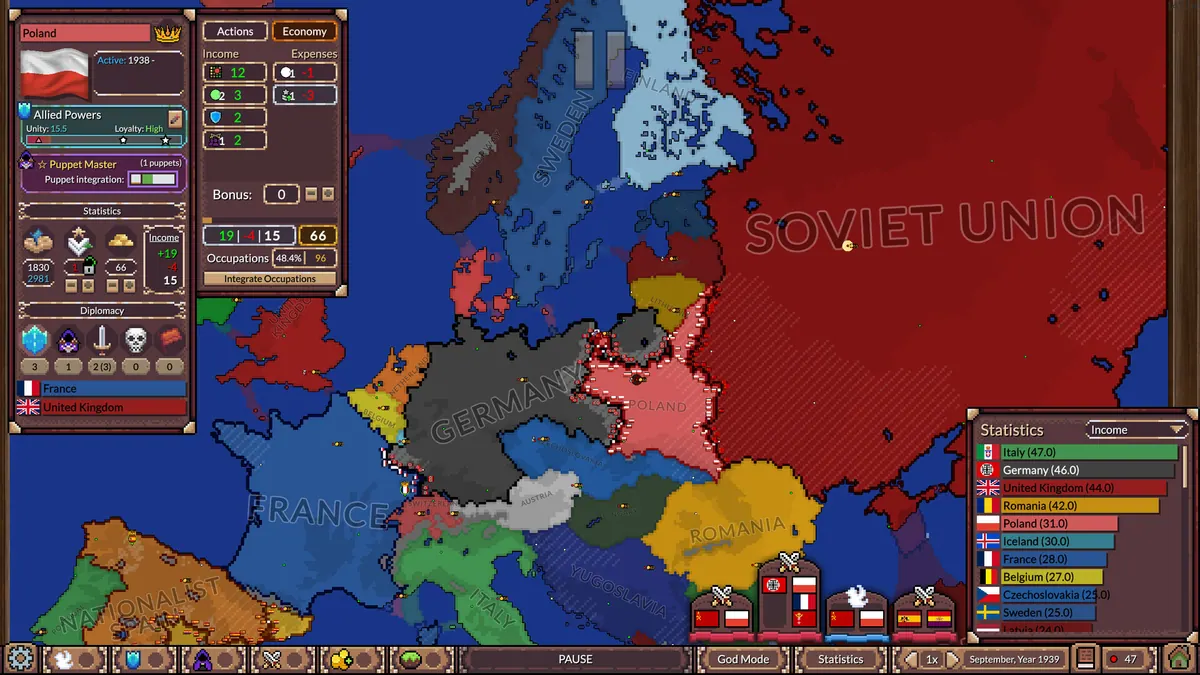 Ages of Conflict Europe simulation with nation, diplomacy, and statistics panels